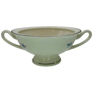Syracuse China Celeste Cream Soup Bowl Blue Leaf Platinum Trim Double Handle